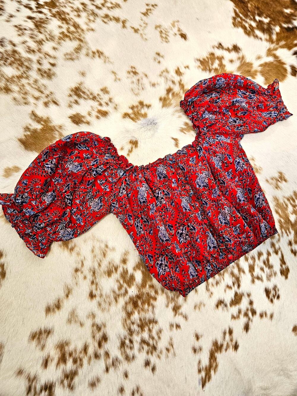 Carolina K 100% Silk Chiffon Floral Crop Top Red Blue Off-Shoulder Size M Luxury
